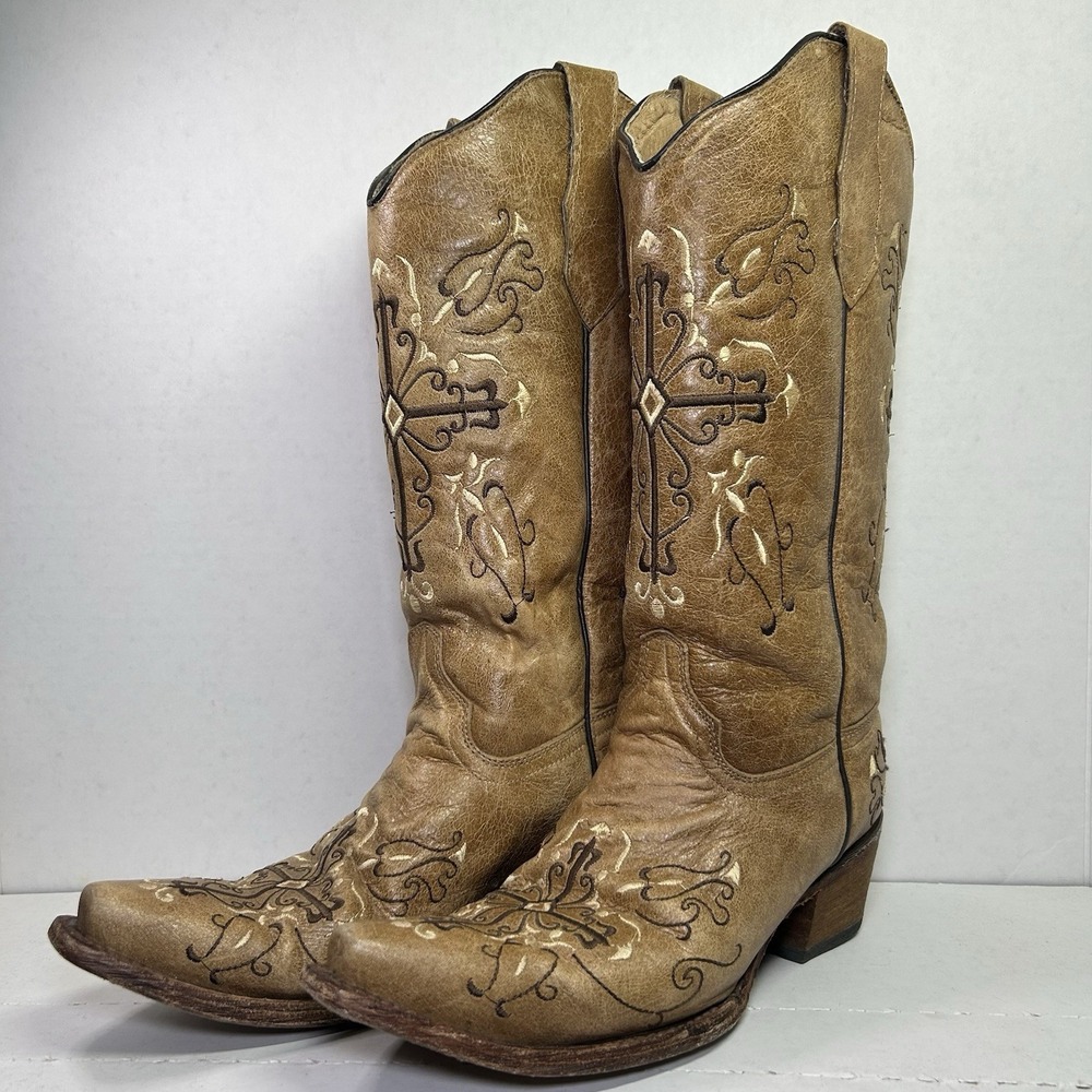 Circle G Western Antique Saddle Embroidered Cross Brown Mid Calf Boots Size 9